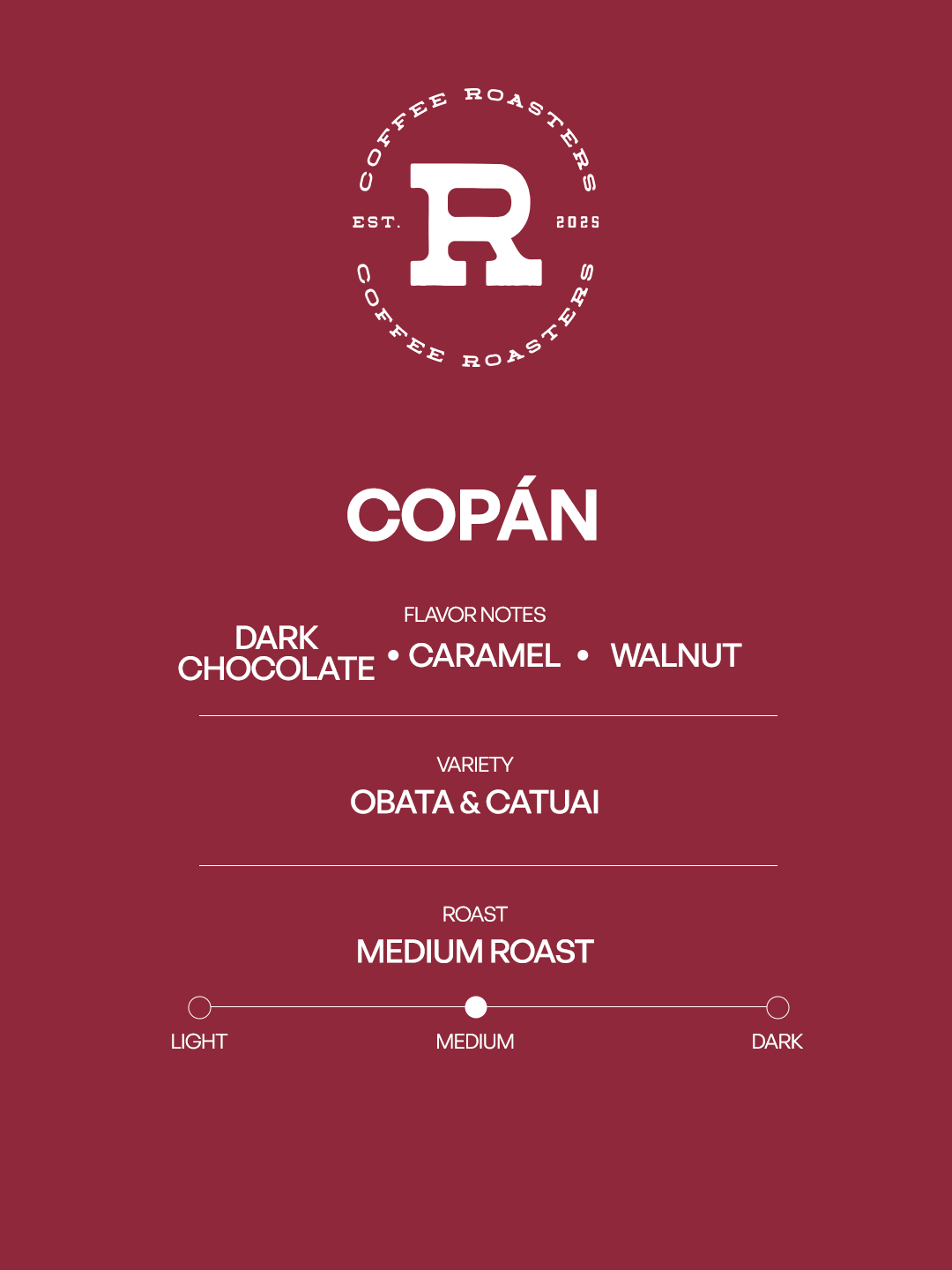 Coffee label for Copan with flavor notes and roast details on a red background