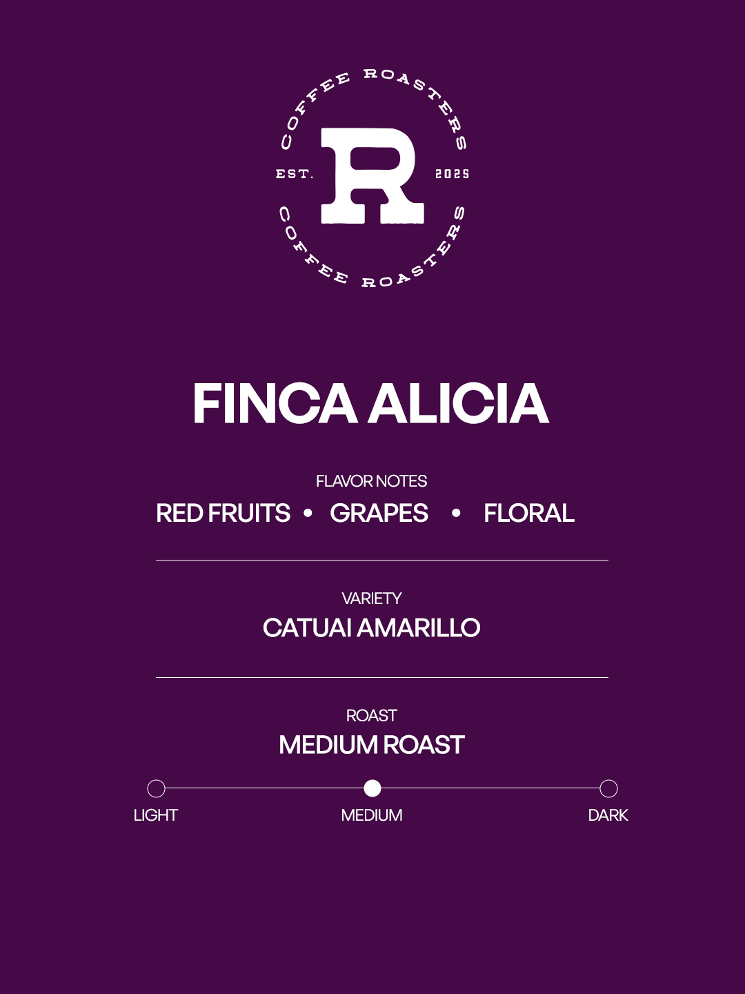 Coffee label for 'Finca Alicia' with flavor notes and roast details on a purple background.