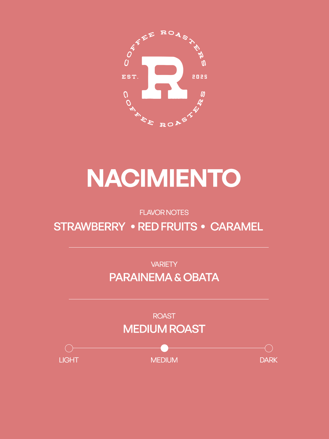 Coffee label for 'Nacimiento' with flavor notes and roast details on a pink background.