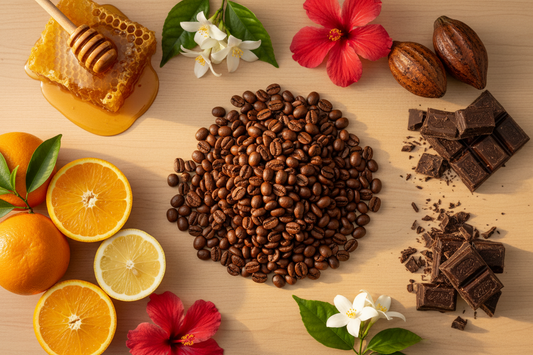  Coffee tasting notes guide showing honey, citrus, chocolate, and floral descriptors alongside Honduran specialty coffee beans