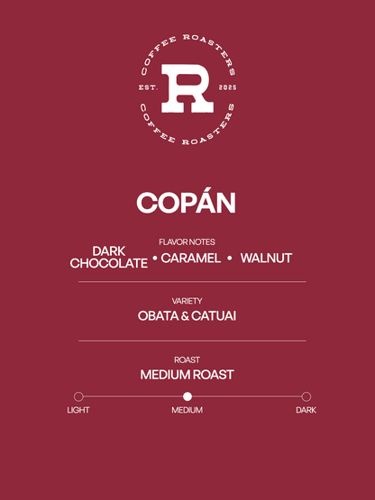 Coffee label for Copan with flavor notes and roast details on a red background