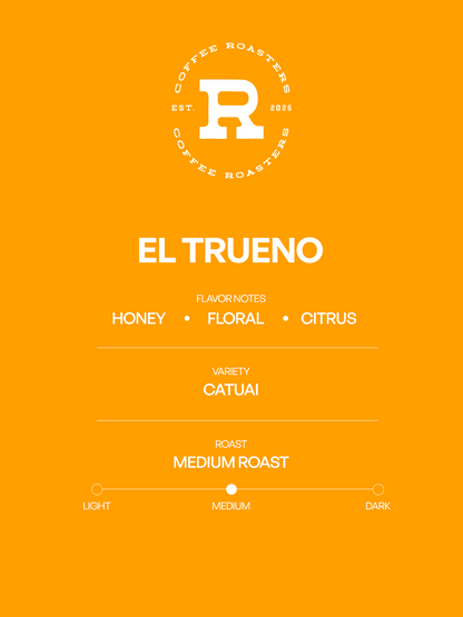 Coffee label for 'El Trueno' with flavor notes and roast details on an orange background.