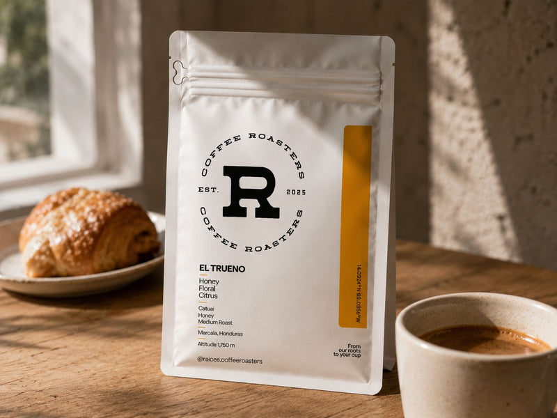 Raices Coffee roasters of el Trueno with a cup of coffee and pastry on a wooden table
