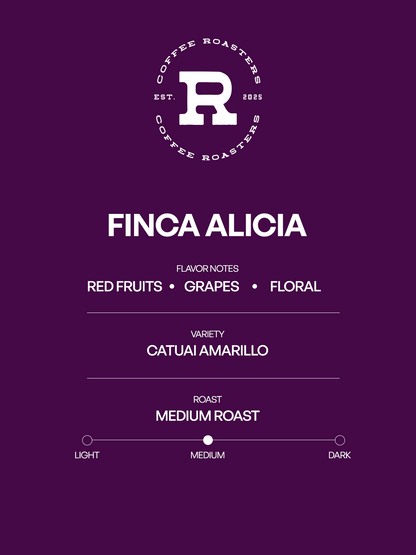 Coffee label for 'Finca Alicia' with flavor notes and roast details on a purple background.