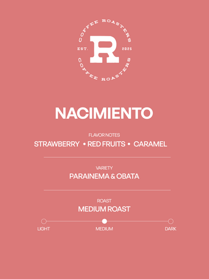 Coffee label for 'Nacimiento' with flavor notes and roast details on a pink background.