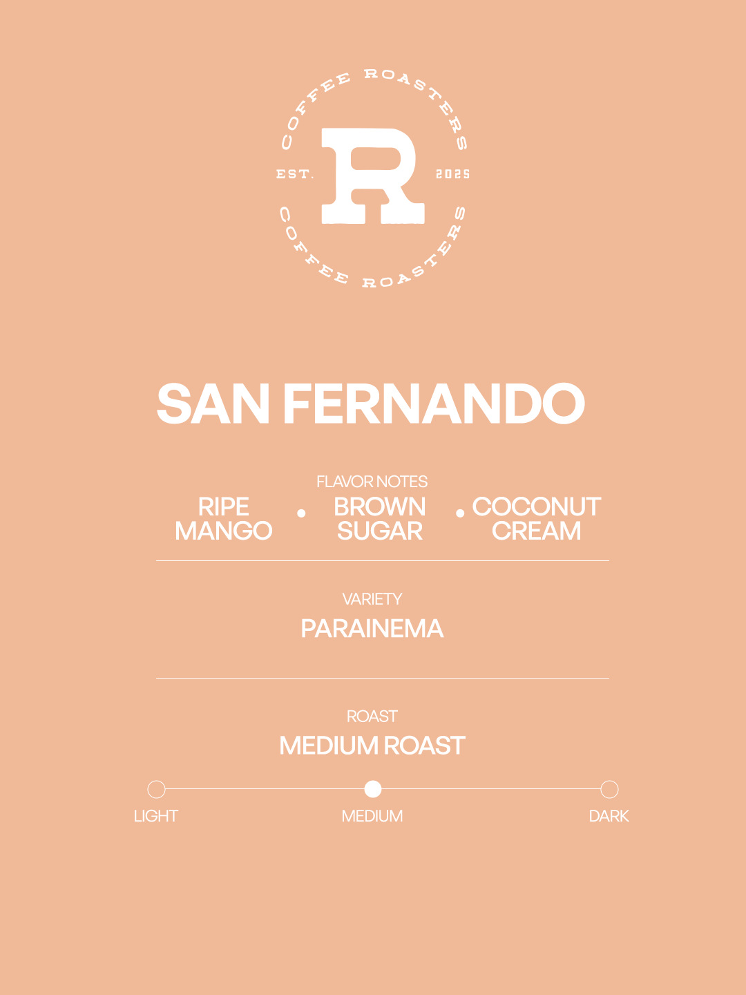 Coffee label for 'San Fernando' with flavor notes and roast details on a beige background.