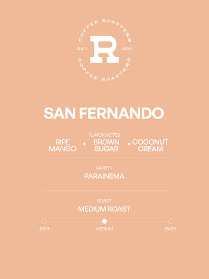 Coffee label for 'San Fernando' with flavor notes and roast details on a beige background.
