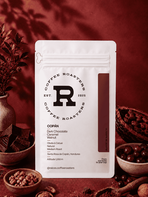 Flavor profile card for Copan — chocolate, caramel, and walnut tasting notes from a natural Obatá and Catuai blend grown at 1,350 masl in Copán, Honduras
