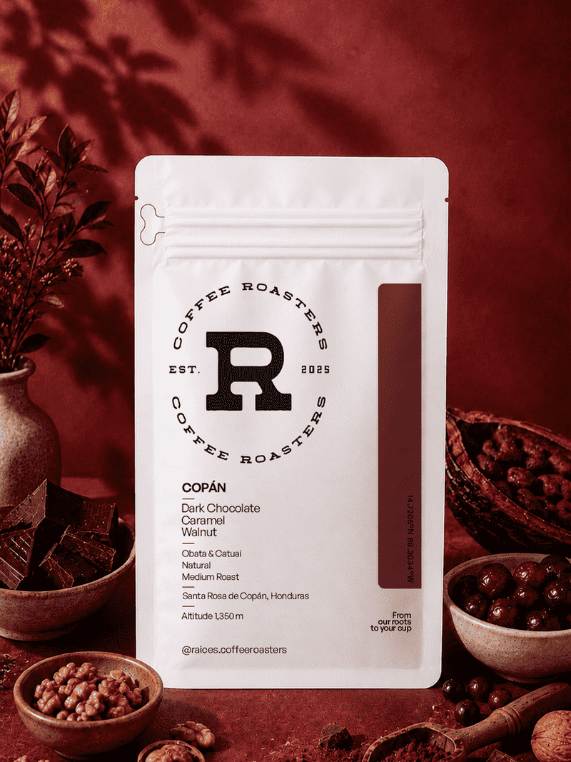Flavor profile card for Copan — chocolate, caramel, and walnut tasting notes from a natural Obatá and Catuai blend grown at 1,350 masl in Copán, Honduras