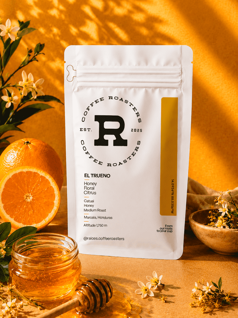 Flavor profile card for El Trueno — honey, floral, and citrus tasting notes from a Catuai honey process coffee grown at 1,750 masl in Marcala, Honduras