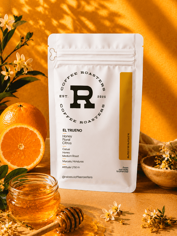 Flavor profile card for El Trueno — honey, floral, and citrus tasting notes from a Catuai honey process coffee grown at 1,750 masl in Marcala, Honduras