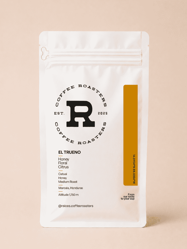 El Trueno honey process specialty coffee from Los Planes, Marcala, Honduras — 12oz bag by Raíces Coffee Roasters with tasting notes of honey, floral, and citrus