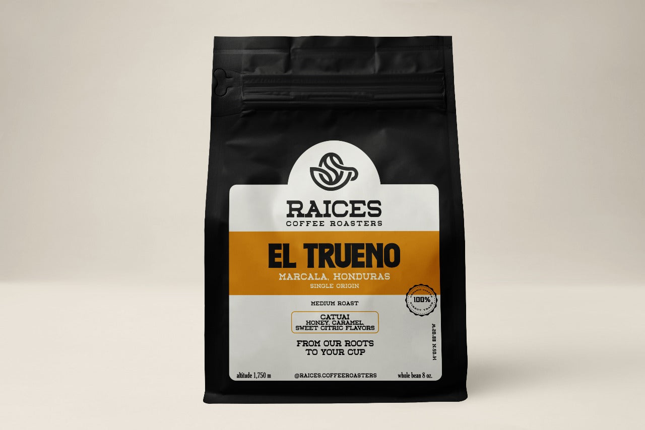 El Trueno organic Catuai blend from Marcala, Honduras – honey process, medium roast with honey, citrus, and sweet fruit flavors.