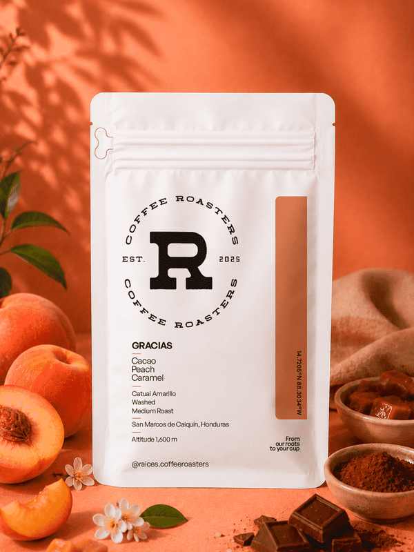 Flavor profile card for Gracias — cacao, peach, and caramel tasting notes from a washed Catuai Amarillo coffee grown at 1,600 masl in Opalaca, Honduras