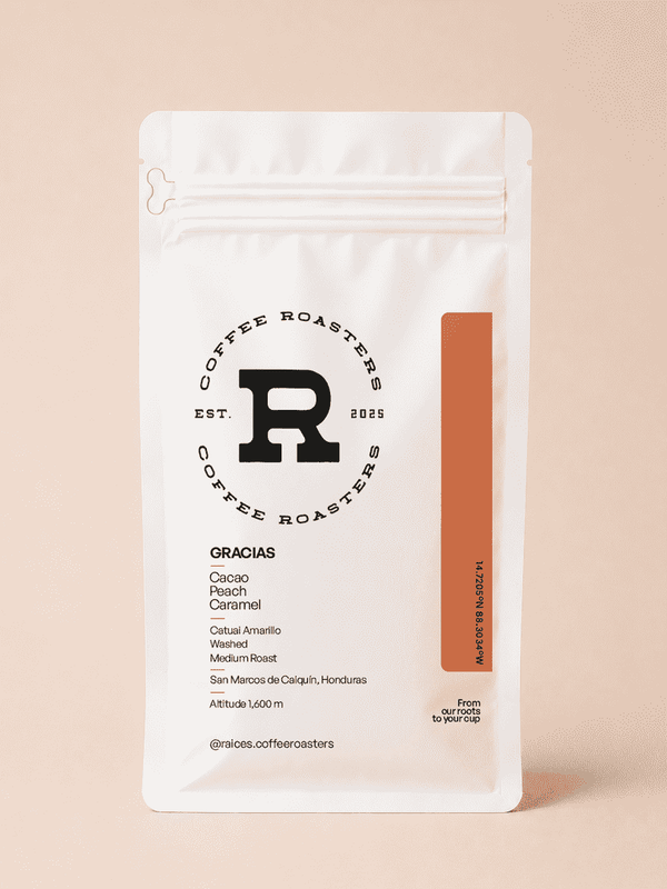 Gracias washed Catuai Amarillo specialty coffee from San Marcos de Caiquín, Opalaca, Honduras — 12oz bag by Raíces Coffee Roasters with tasting notes of cacao, peach, and caramel