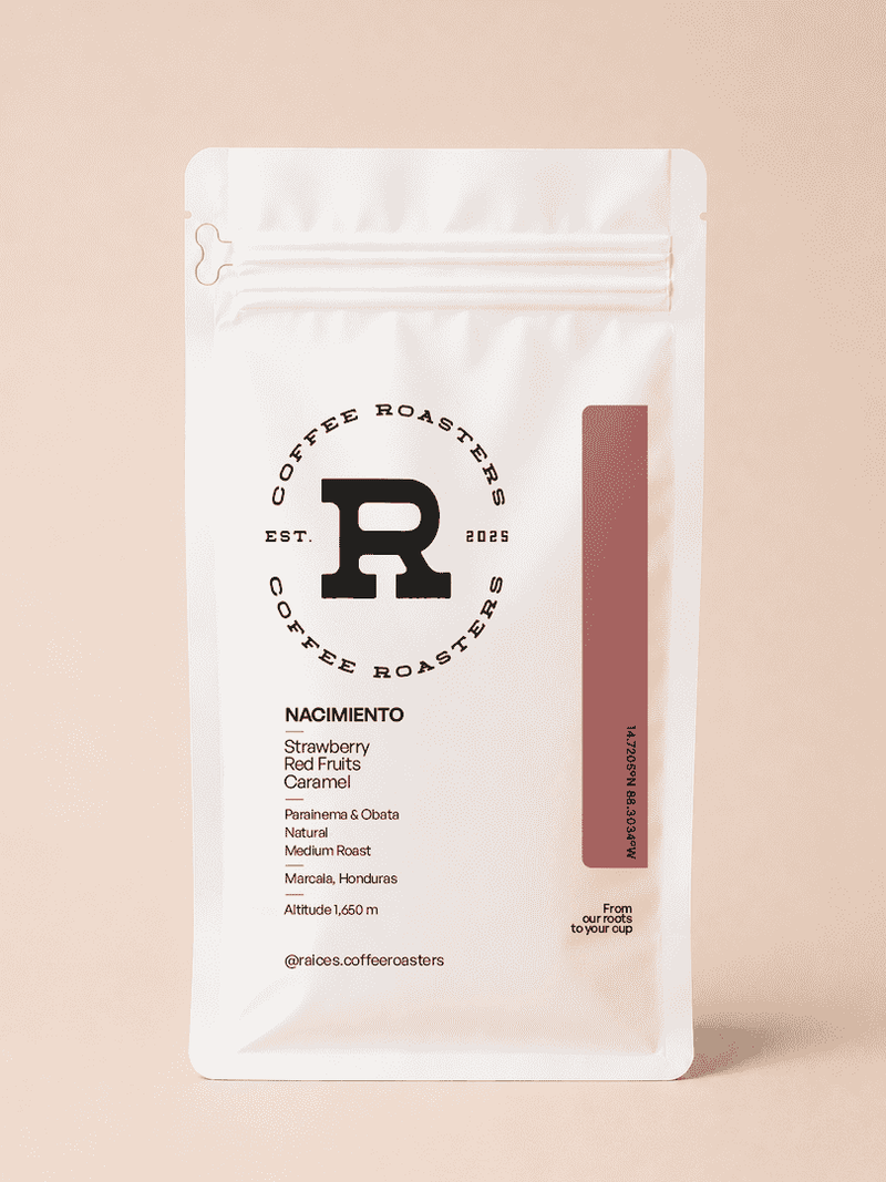 Nacimiento natural process Parainema and Obatá specialty coffee from Marcala, Honduras — 12oz bag by Raíces Coffee Roasters with tasting notes of strawberry, red fruits, and caramel