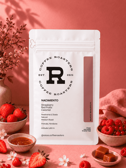 Flavor profile card for Nacimiento — strawberry, red fruits, and caramel tasting notes from a natural Parainema and Obatá coffee grown at 1,650 masl in Marcala, Honduras