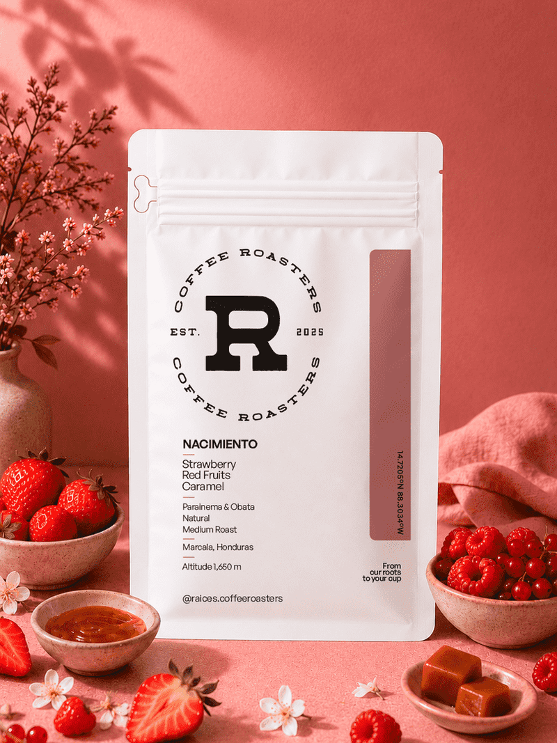 Flavor profile card for Nacimiento — strawberry, red fruits, and caramel tasting notes from a natural Parainema and Obatá coffee grown at 1,650 masl in Marcala, Honduras