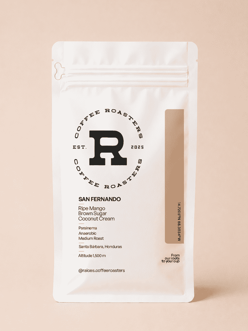 San Fernando 36-hour anaerobic Parainema specialty coffee from Santa Bárbara, Honduras — 12oz bag by Raíces Coffee Roasters with tasting notes of ripe mango, brown sugar, and coconut cream