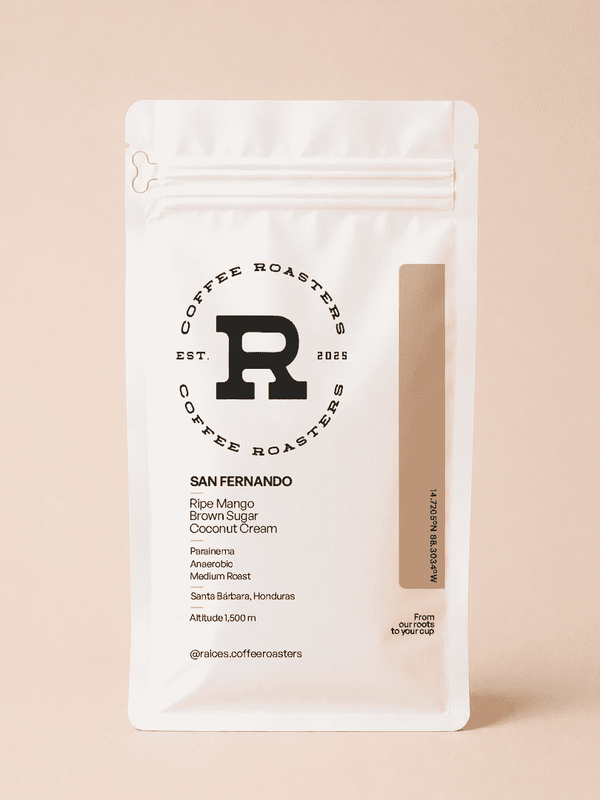 San Fernando 36-hour anaerobic Parainema specialty coffee from Santa Bárbara, Honduras — 12oz bag by Raíces Coffee Roasters with tasting notes of ripe mango, brown sugar, and coconut cream