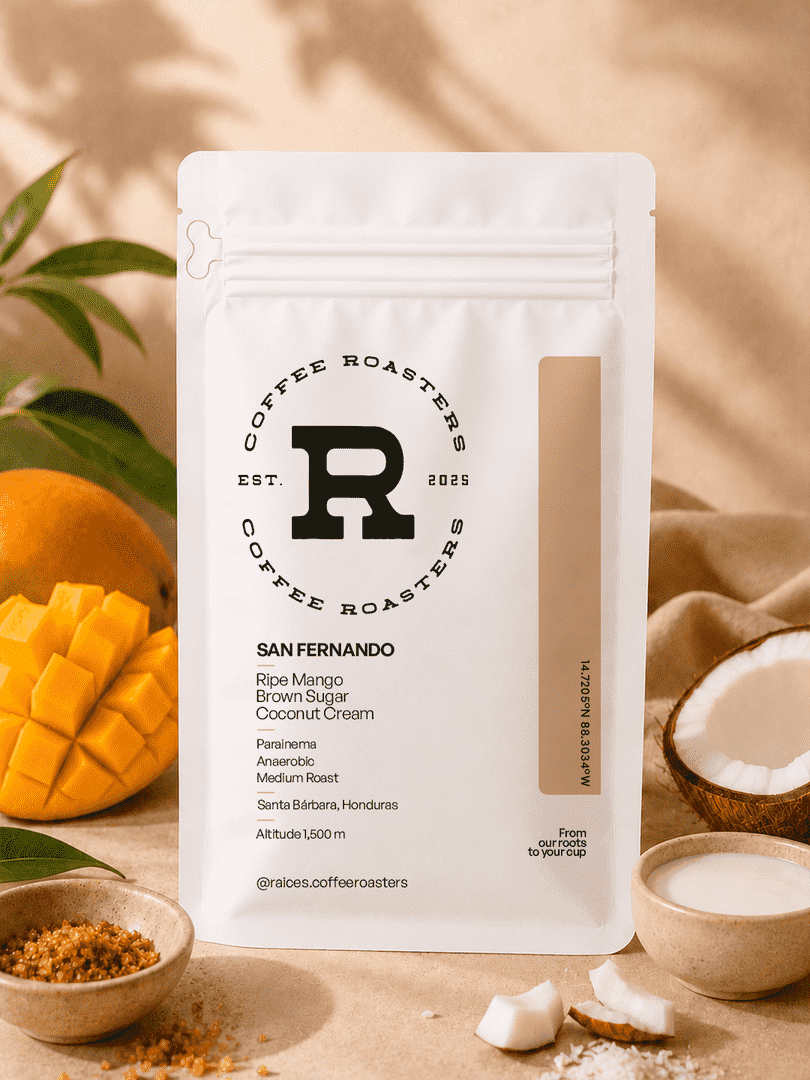 Flavor profile card for San Fernando — ripe mango, brown sugar, and coconut cream tasting notes from a Parainema 36-hour anaerobic coffee grown at 1,500 masl in Santa Bárbara, Honduras