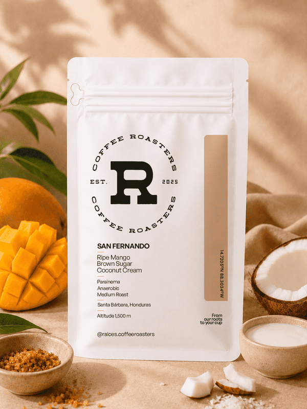 Flavor profile card for San Fernando — ripe mango, brown sugar, and coconut cream tasting notes from a Parainema 36-hour anaerobic coffee grown at 1,500 masl in Santa Bárbara, Honduras